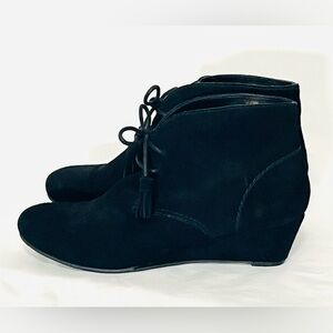Black Suede Wedge Ankle Booties With Tassel Ties Size 7.5